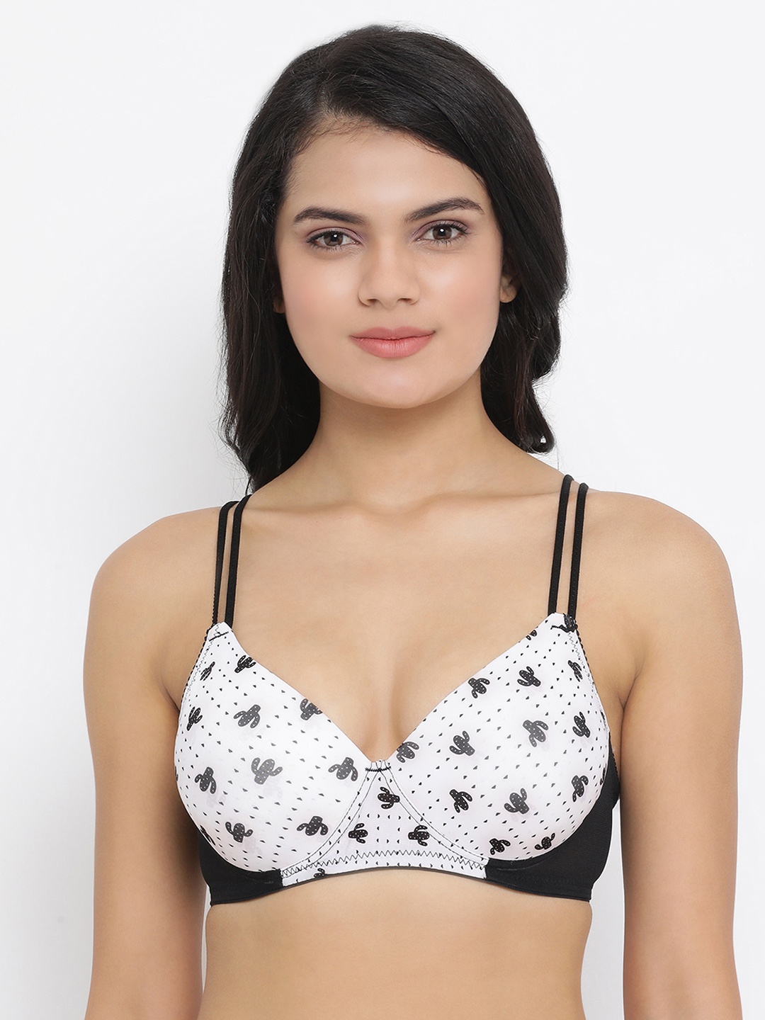 

Clovia White & Black Printed Non-Wired Lightly Padded T-shirt Bra BR1737G1832B