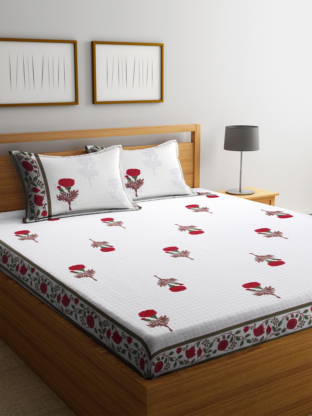 

Rajasthan Decor White & Red Floral 144 TC Cotton 1 Queen Bedsheet with 2 Pillow Covers