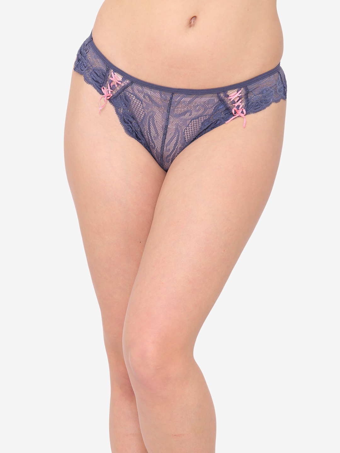 

N-Gal Women Blue Solid Sheer Lace Adjustable Waist Seamless Thongs NTDT10
