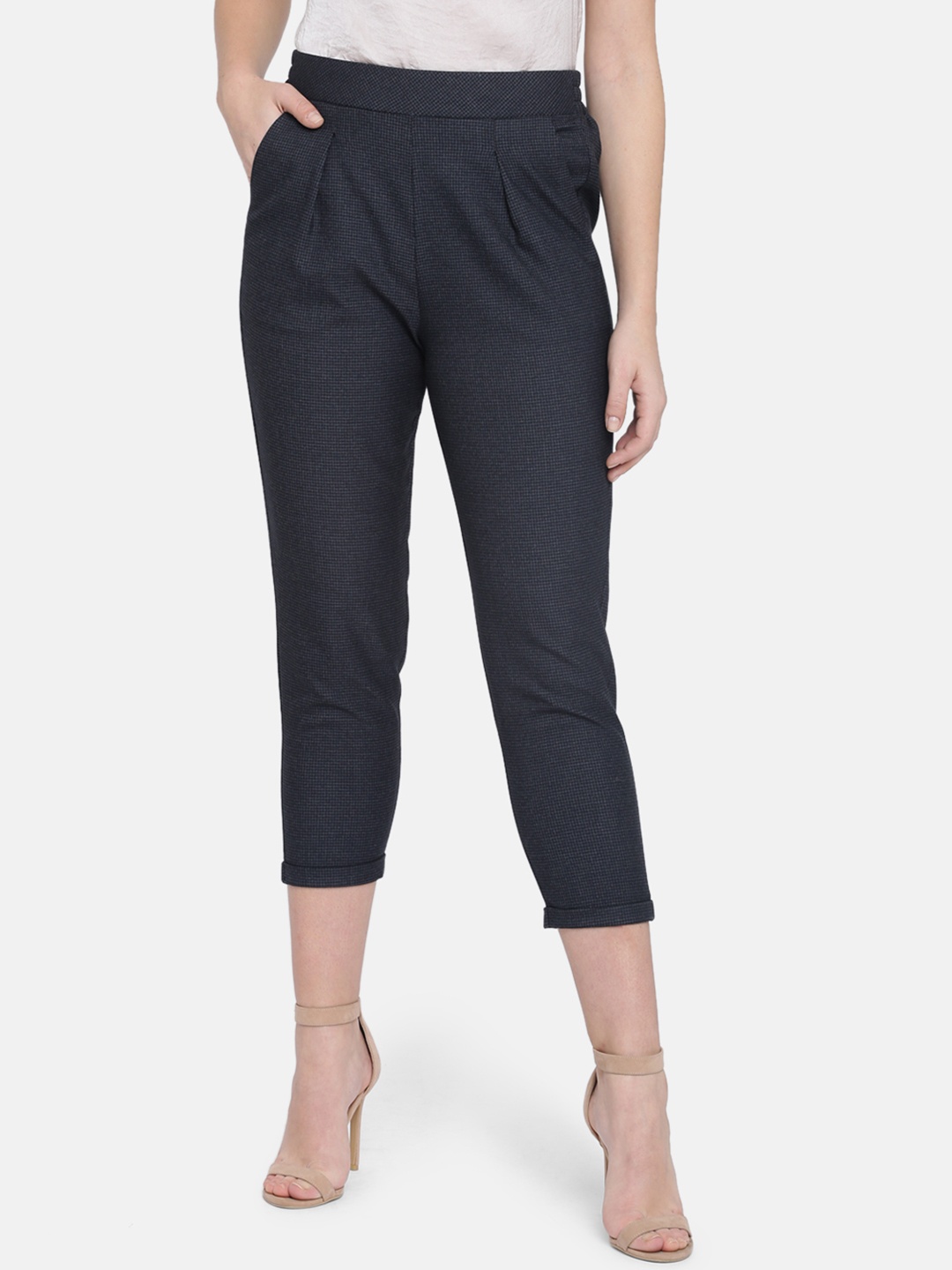 

ISU Women Navy Blue Regular Fit Checked Crop Peg Trousers