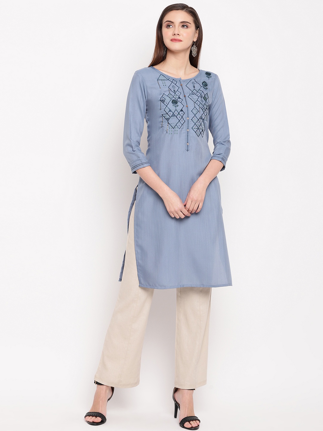 

Kvsfab Women Blue Embroidered Straight Kurta