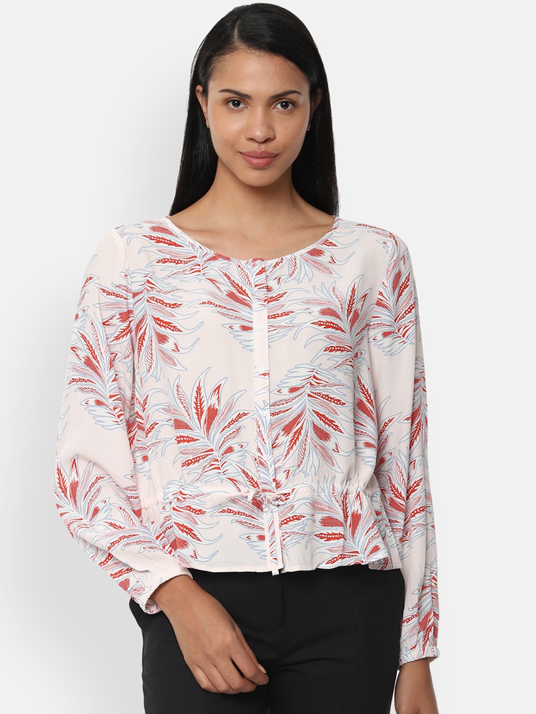 

Van Heusen Woman Off-White & Red Printed Peplum Top