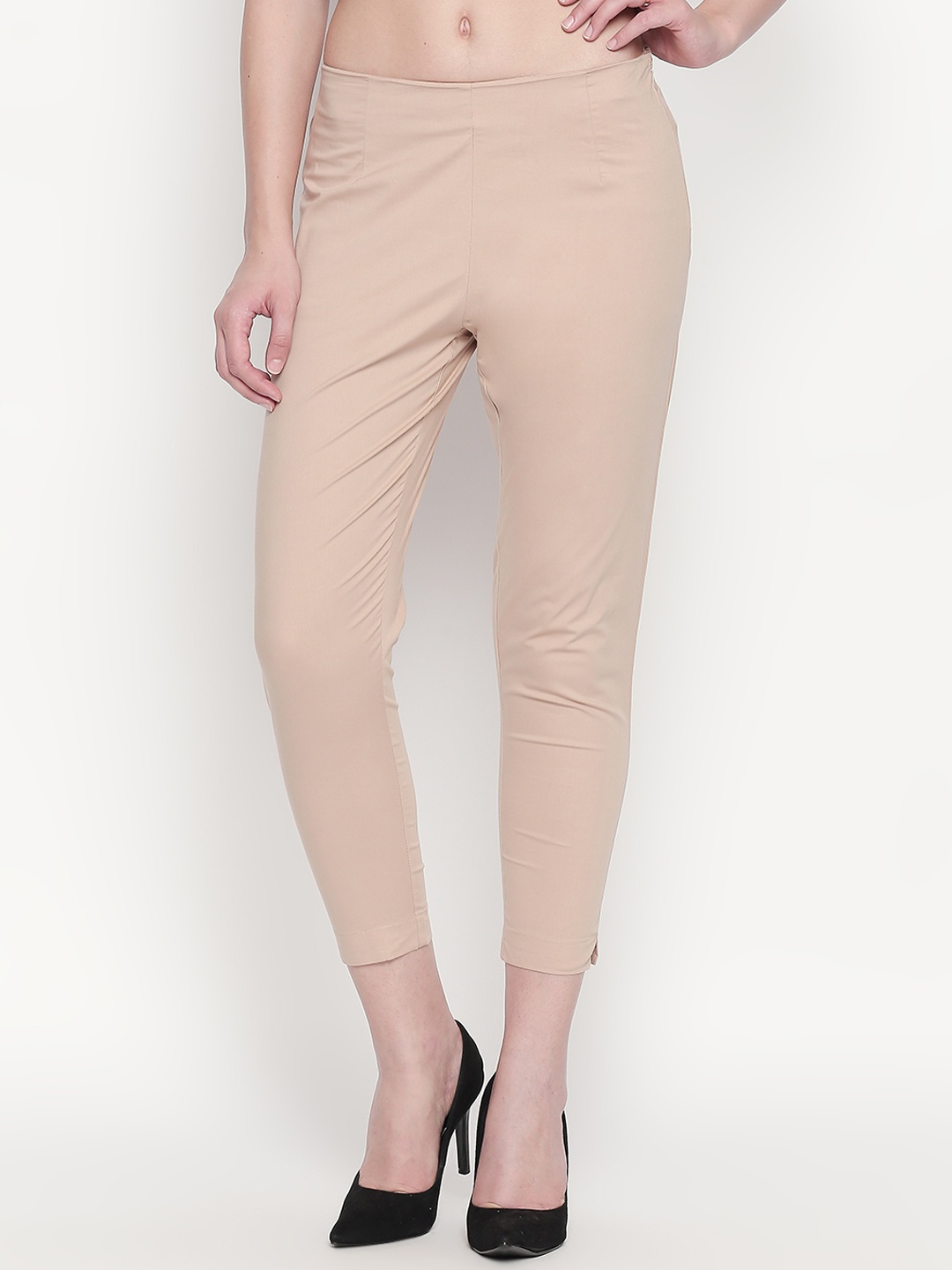 

RANGMANCH BY PANTALOONS Women Beige Regular Fit Solid Crop Peg Trousers