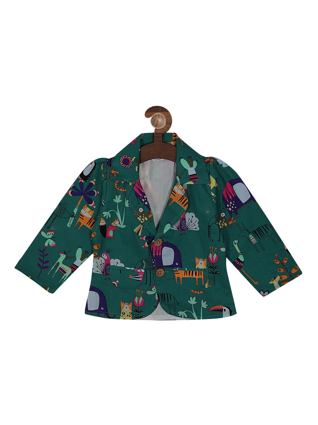 

RIKIDOOS Girls Green & Blue Printed Single-Breasted Party Pure Cotton Blazer