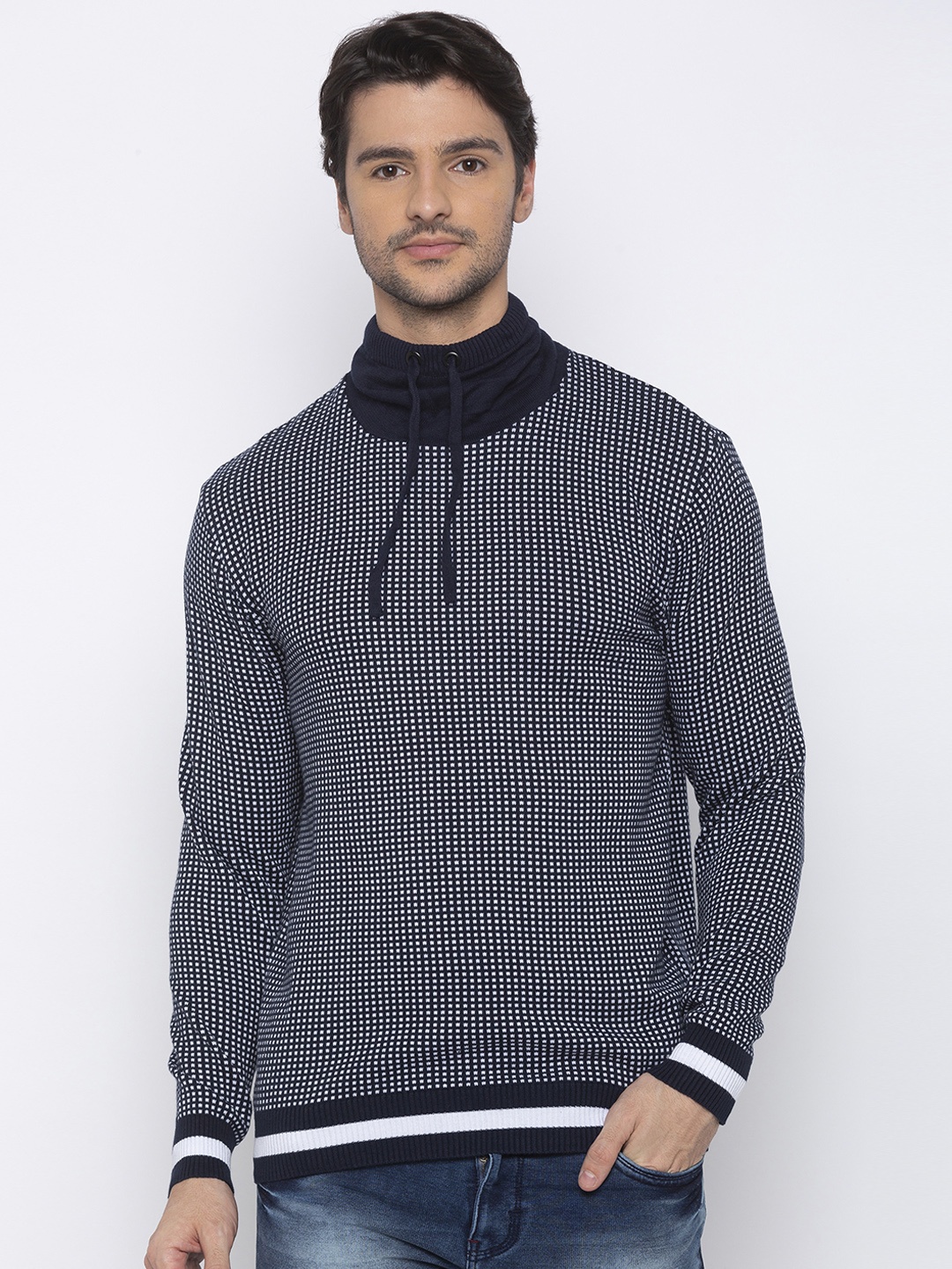 Status Quo Men Blue & White Slim Fit Self Design Pullover Sweater