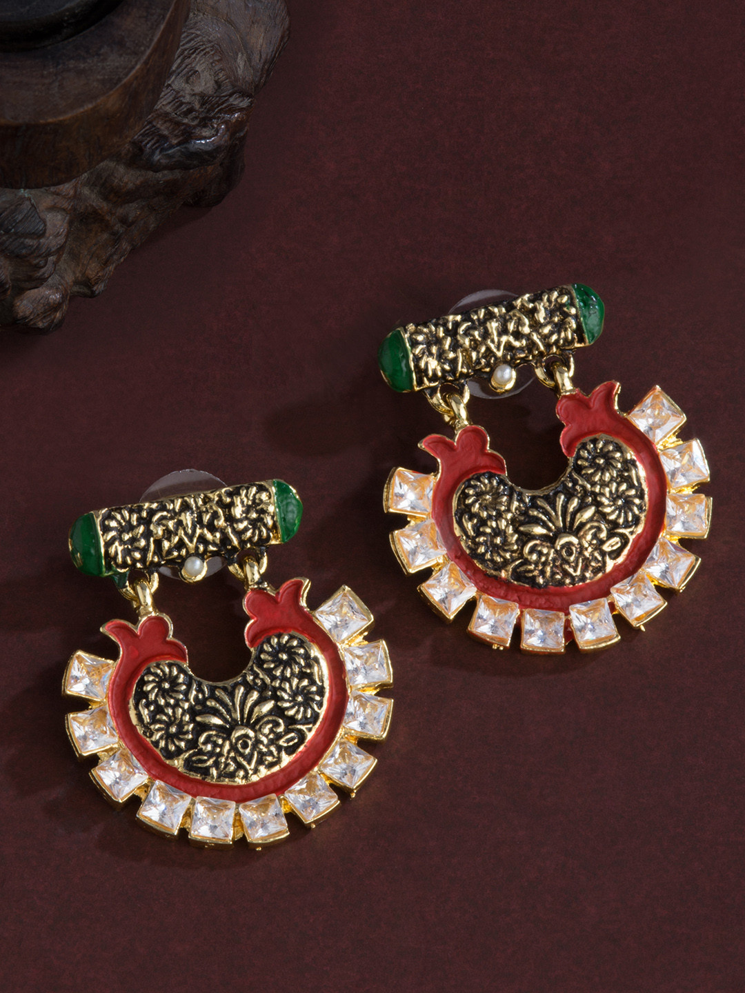

E2O Gold-Toned & Green Crescent Shaped Drop Earrings