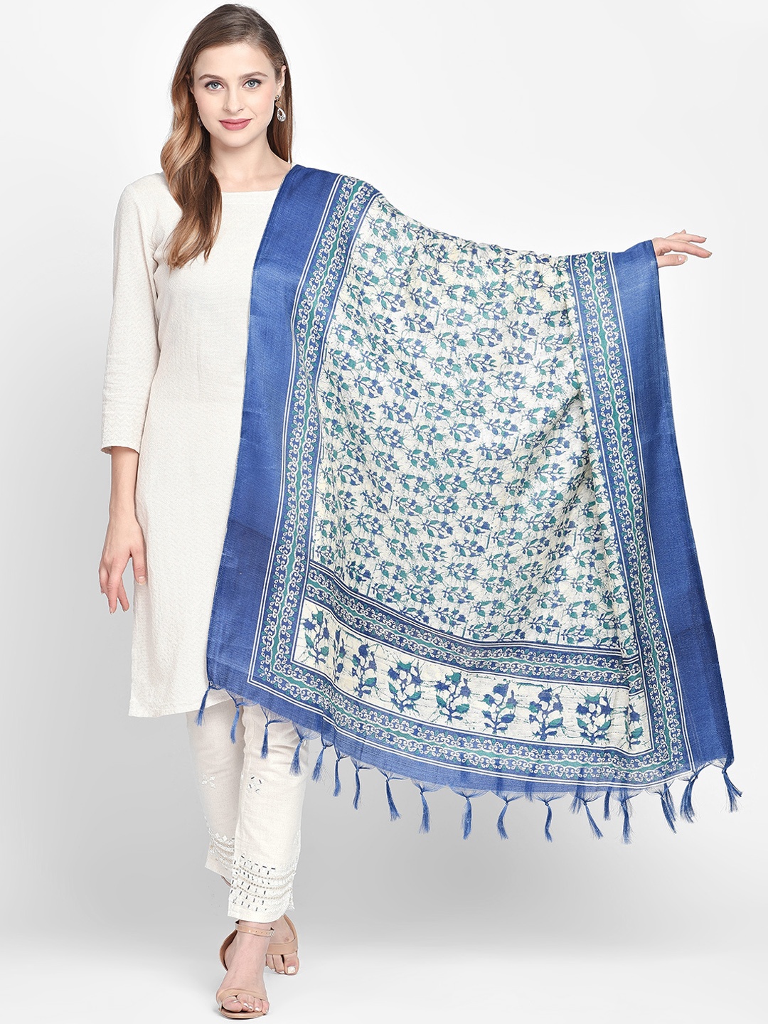 

Dupatta Bazaar Cream-Coloured & Blue Printed Dupatta