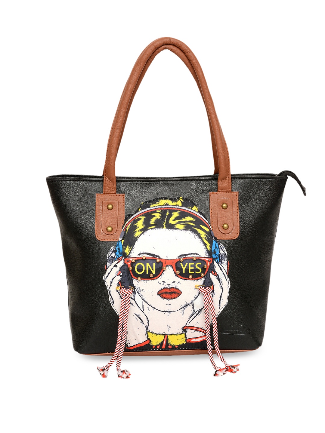 

Pink Potato Black & Yellow Embellished Leather Handheld Bag