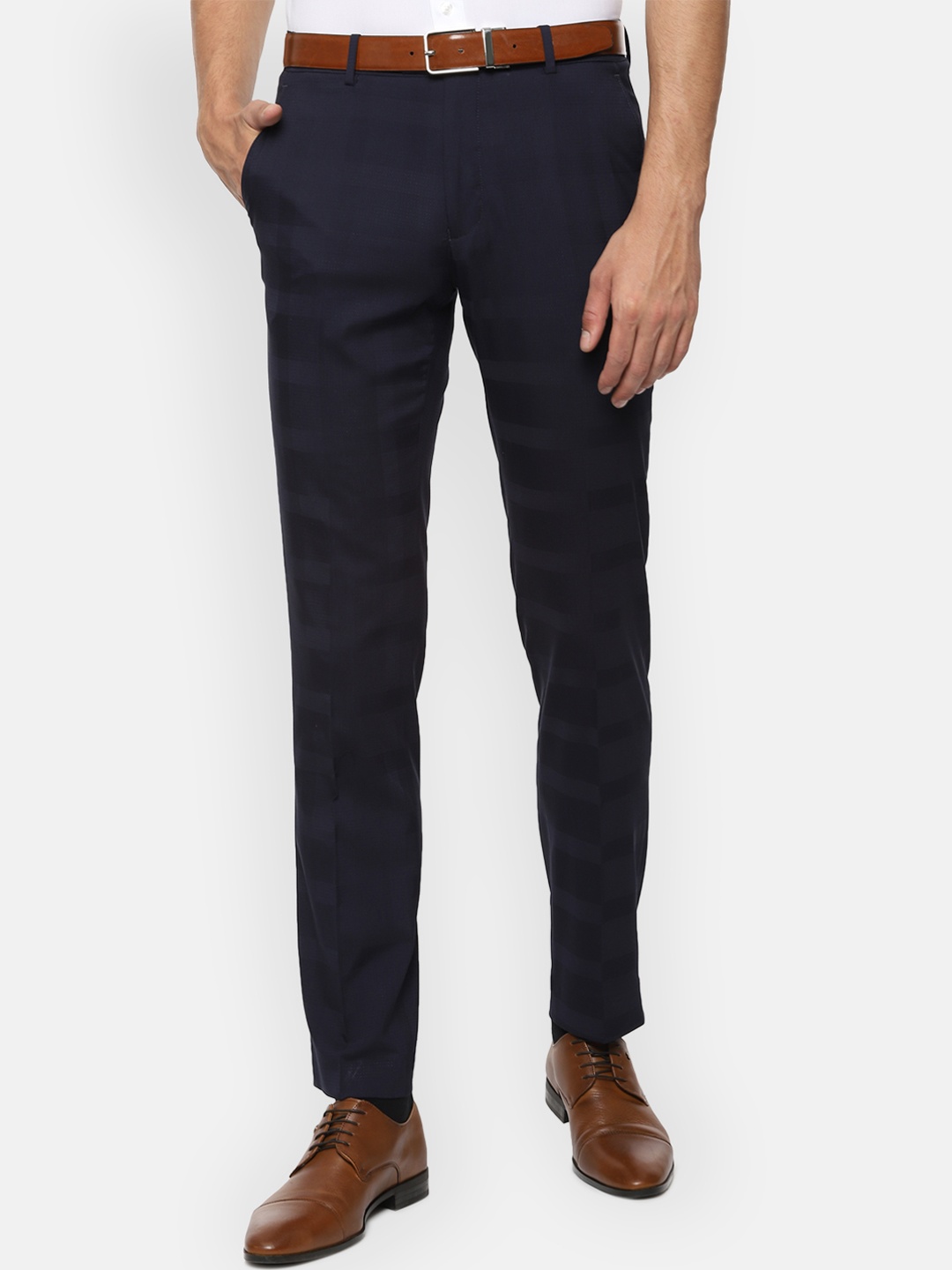 Van Heusen Men Navy Blue Slim Fit Checked Regular Trousers