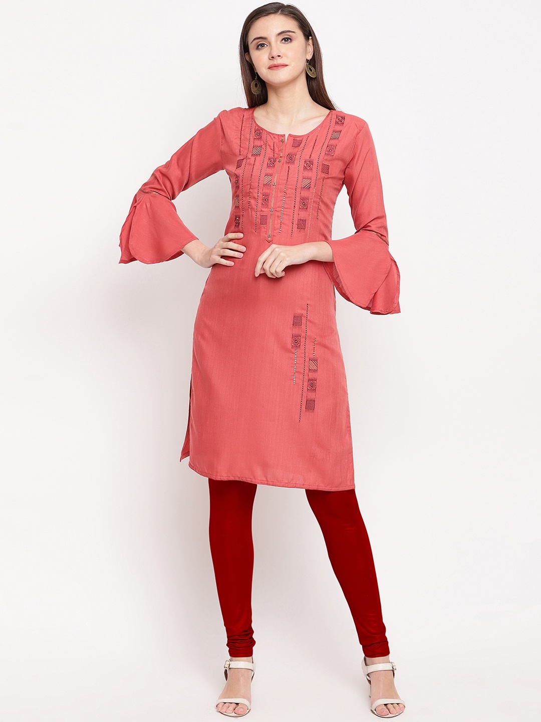 Kvsfab Women Red Embroidered Straight Kurta