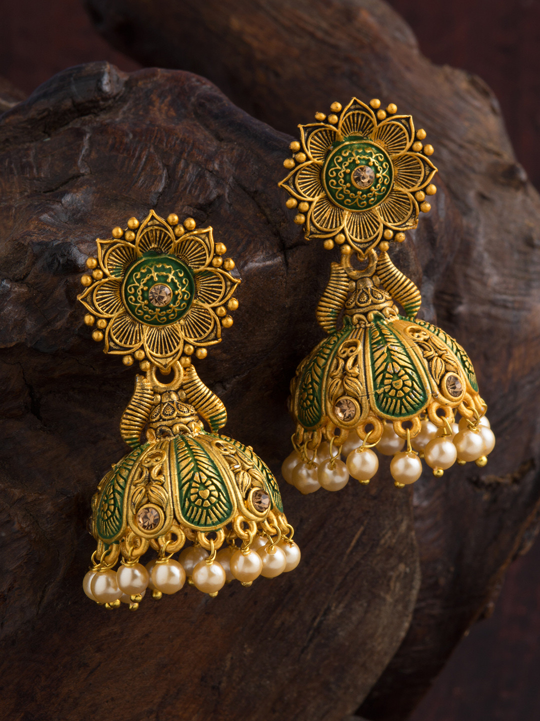 

E2O Gold-Plated & Green Dome Shaped Jhumkas