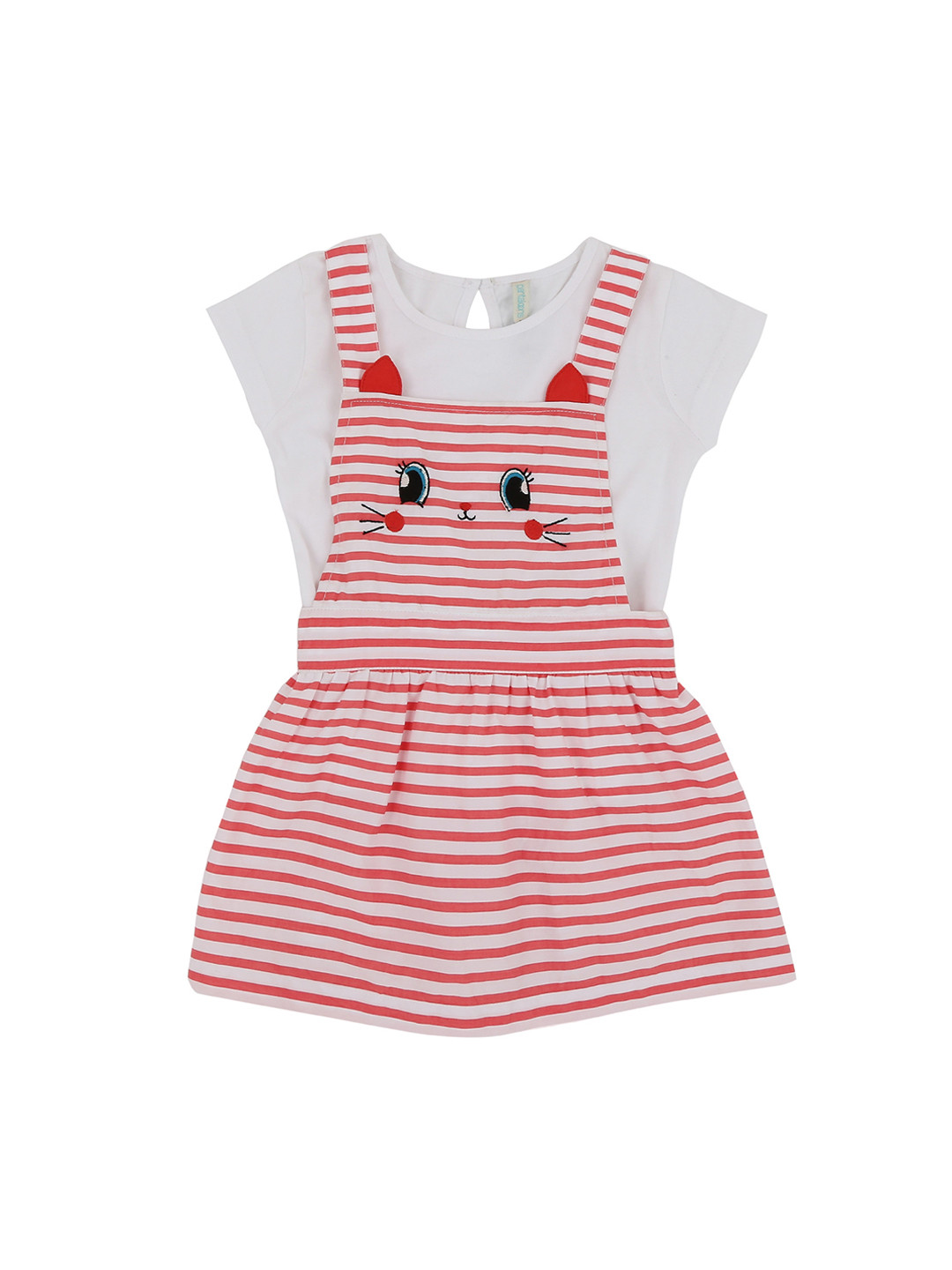 

Pantaloons Baby Infant Pink Striped Pinafore Dress With T-Shirt