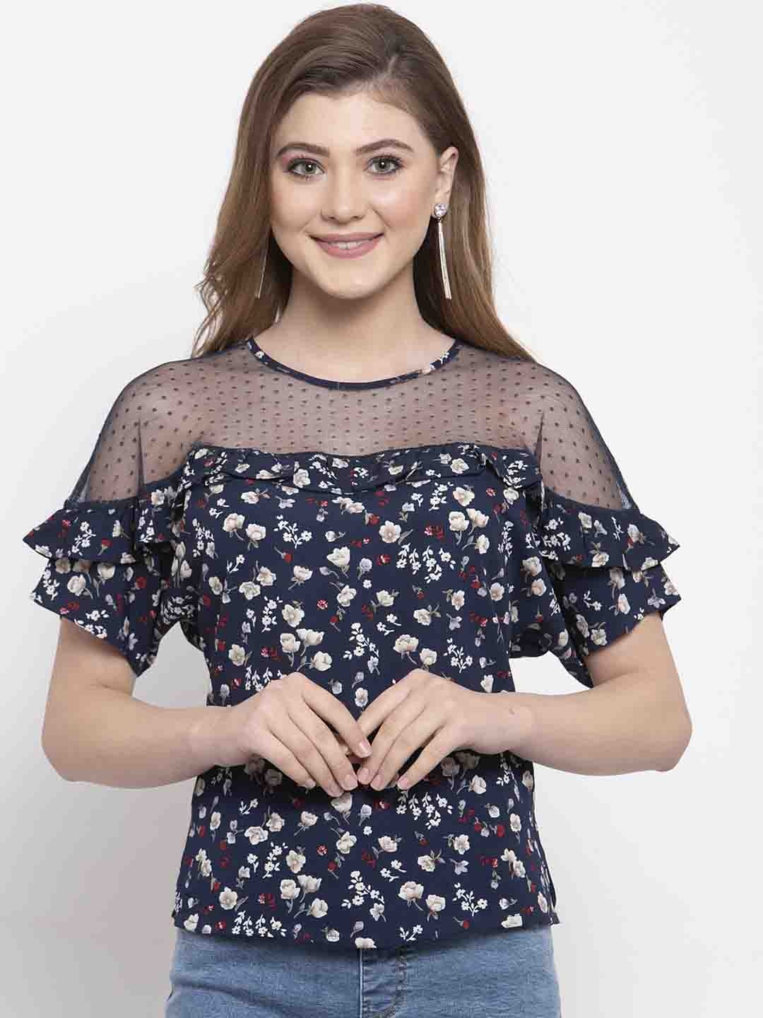 

Gipsy Women Navy Blue & Off-White Printed Top