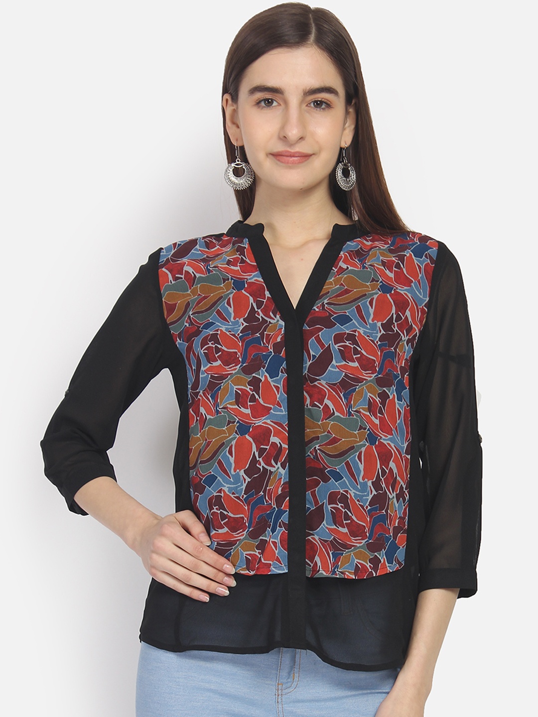 

Yaadleen Women Black & Red Printed Shirt Style Top