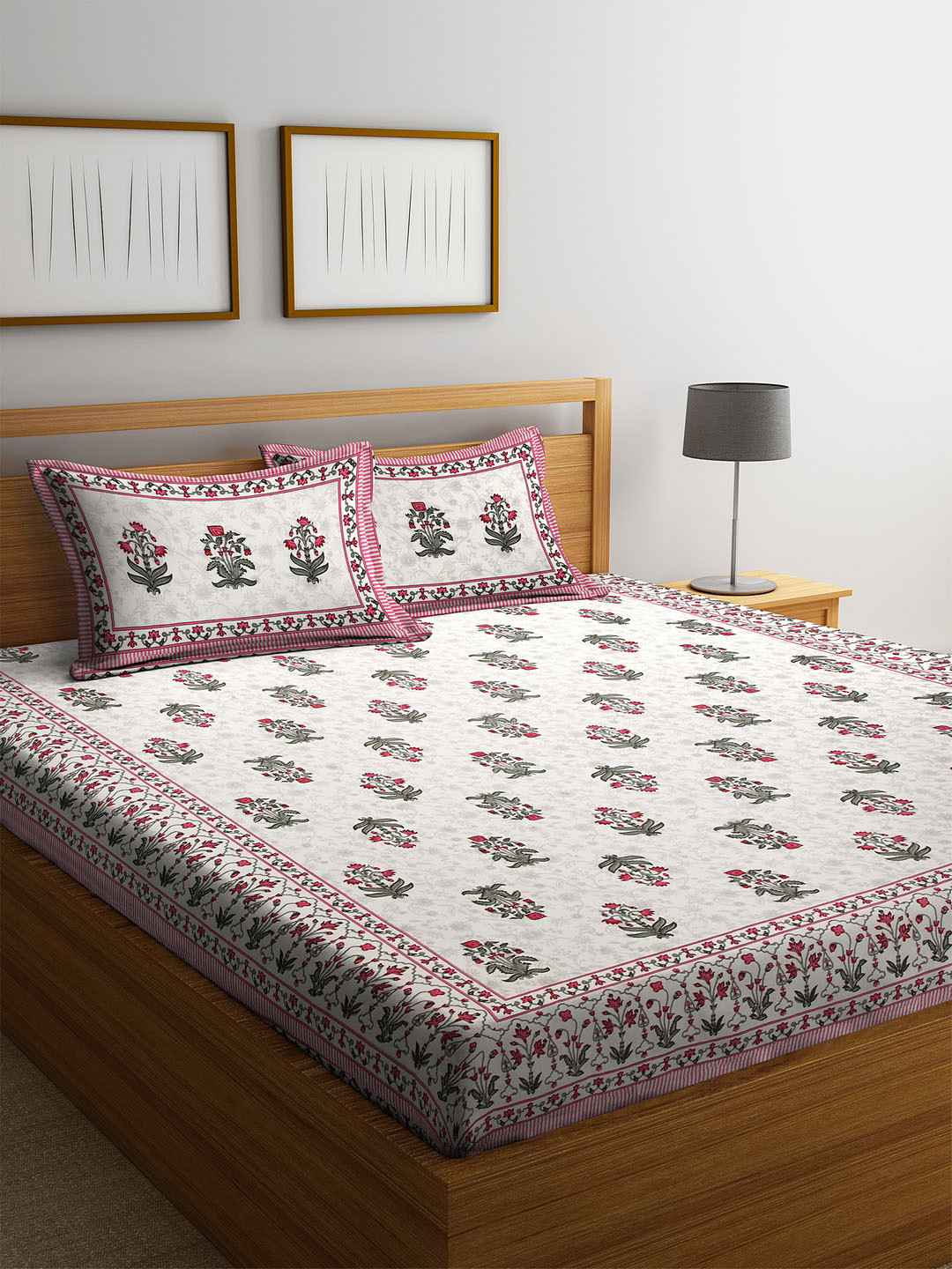 

Rajasthan Decor White & Green Floral 144 TC Cotton 1 Queen Bedsheet with 2 Pillow Covers