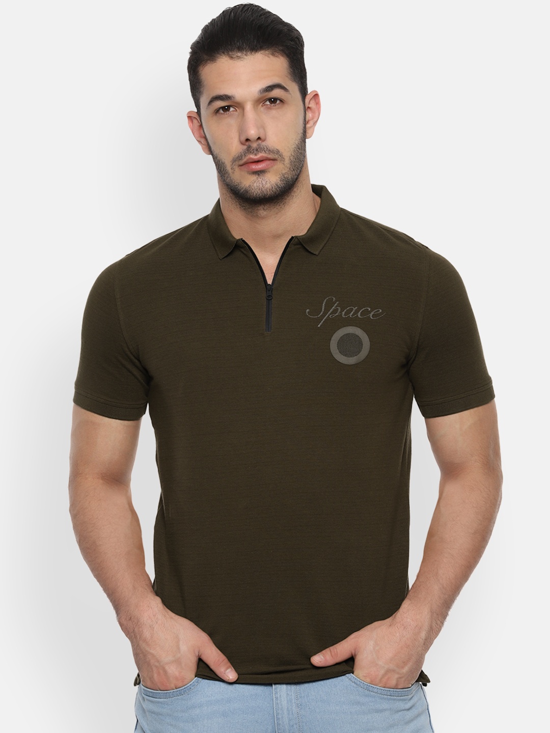 V Dot Men Olive Green Printed Polo Collar T-shirt