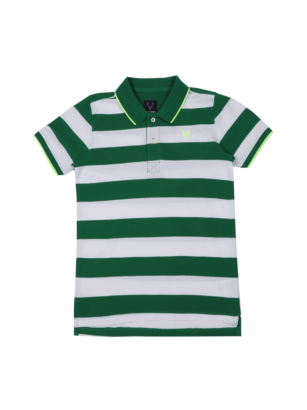 

Allen Solly Junior Boys Green White Striped Polo Collar Pure Cotton T-shirt