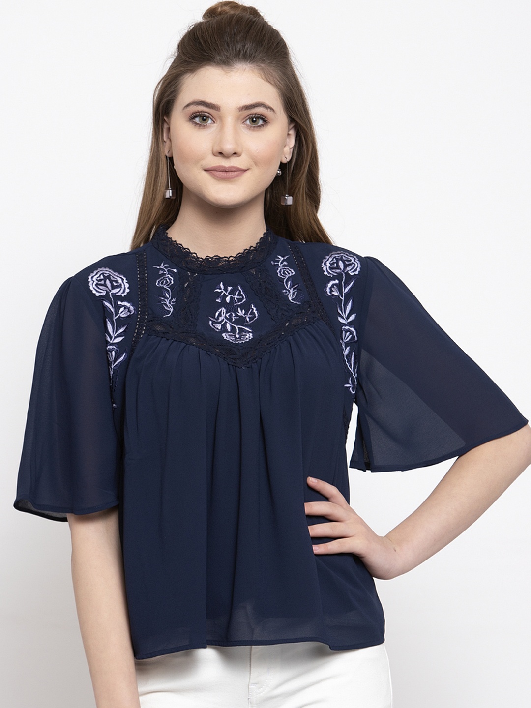 

Gipsy Women Navy Blue Embroidered A-Line Top