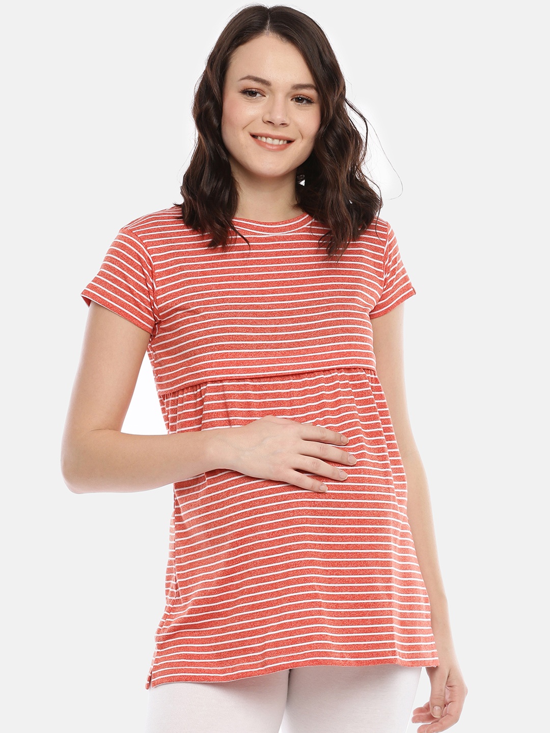 

GOLDSTROMS Women Maternity Orange & White Striped A-Line Top