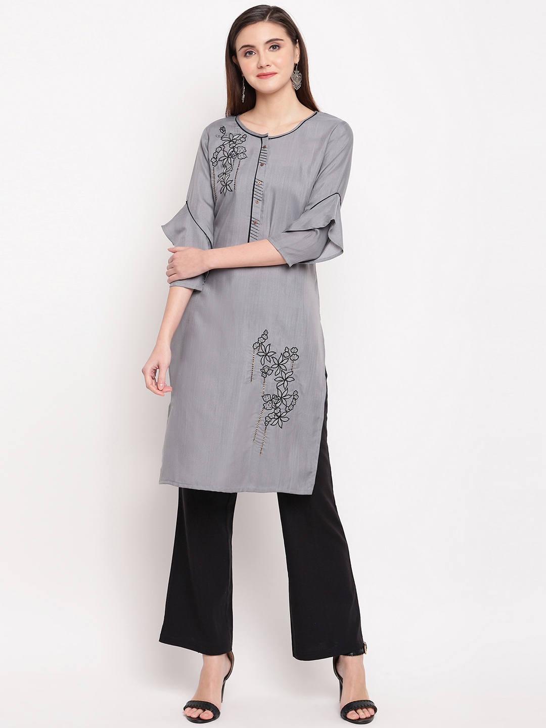 

Kvsfab Women Grey Embroidered Straight Kurta