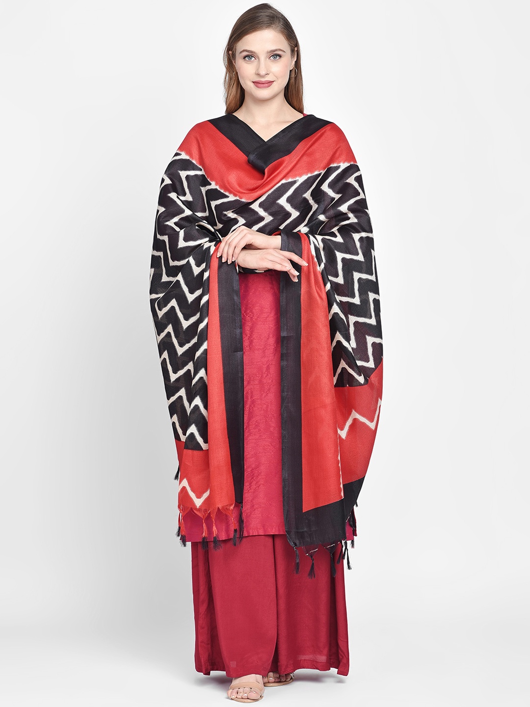 

Dupatta Bazaar Black & Red Chevron Printed Dupatta