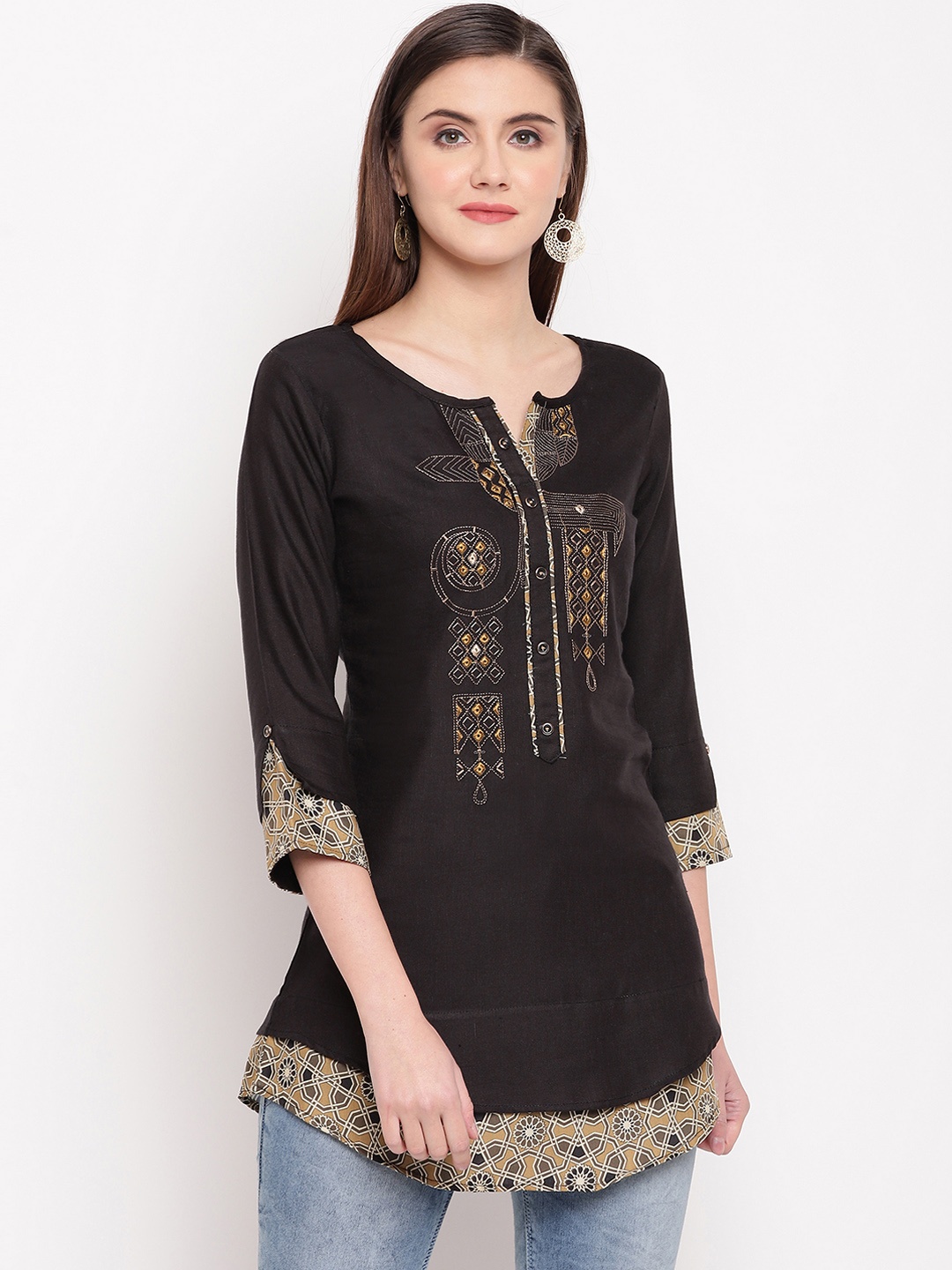 

Kvsfab Women Black Embroidered A-Line Kurti