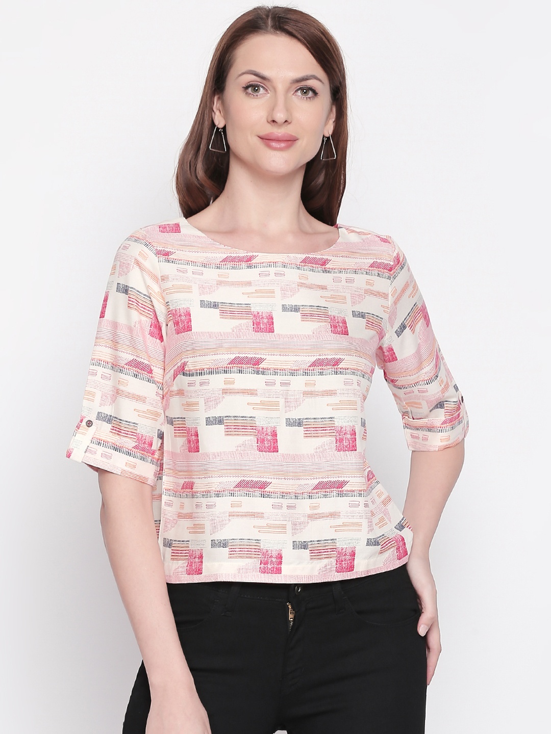 

AKKRITI BY PANTALOONS Women Off-White & Pink Printed Top