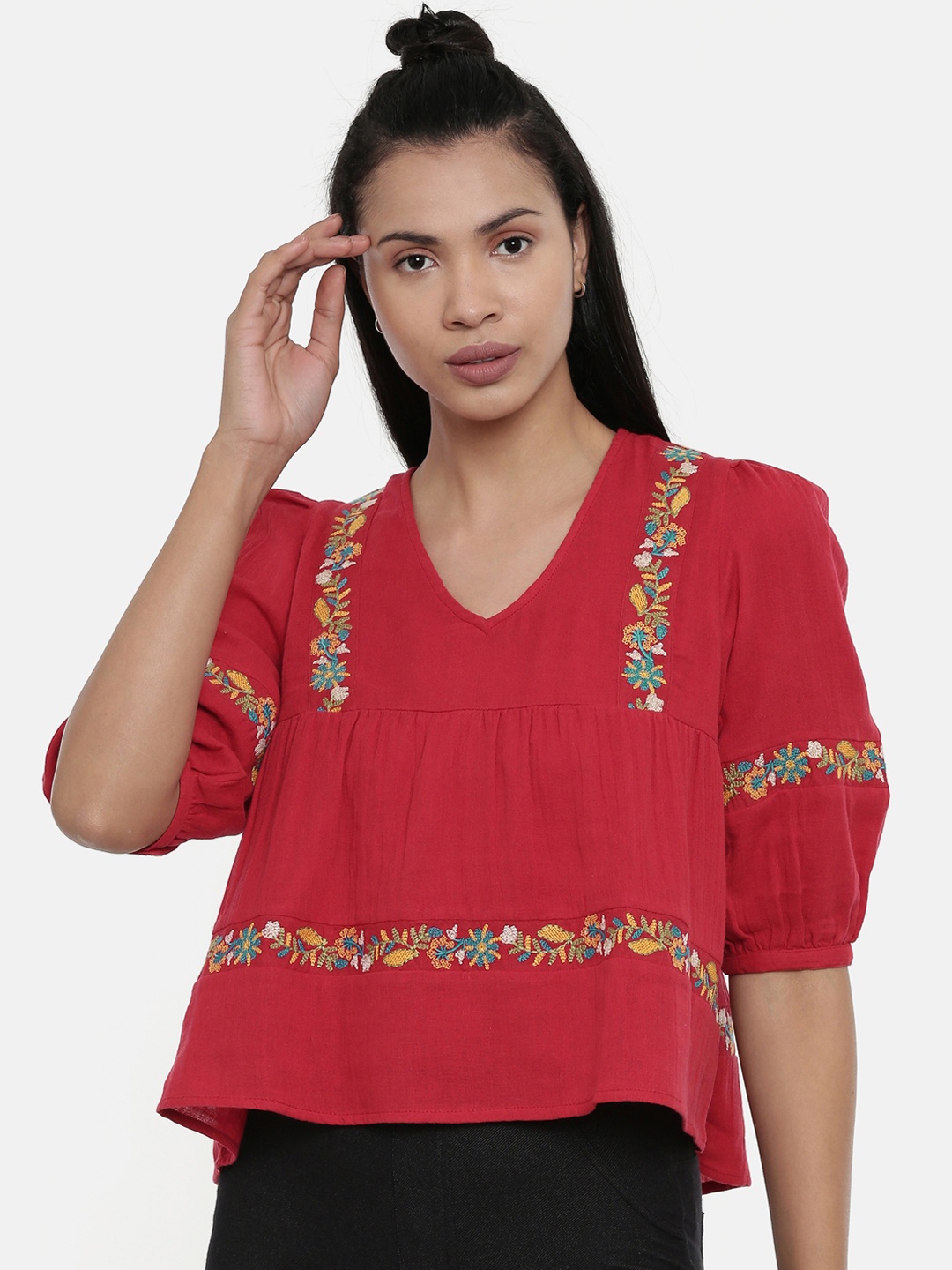 

Chumbak Women Red Embroidered A-Line Pure Cotton Top