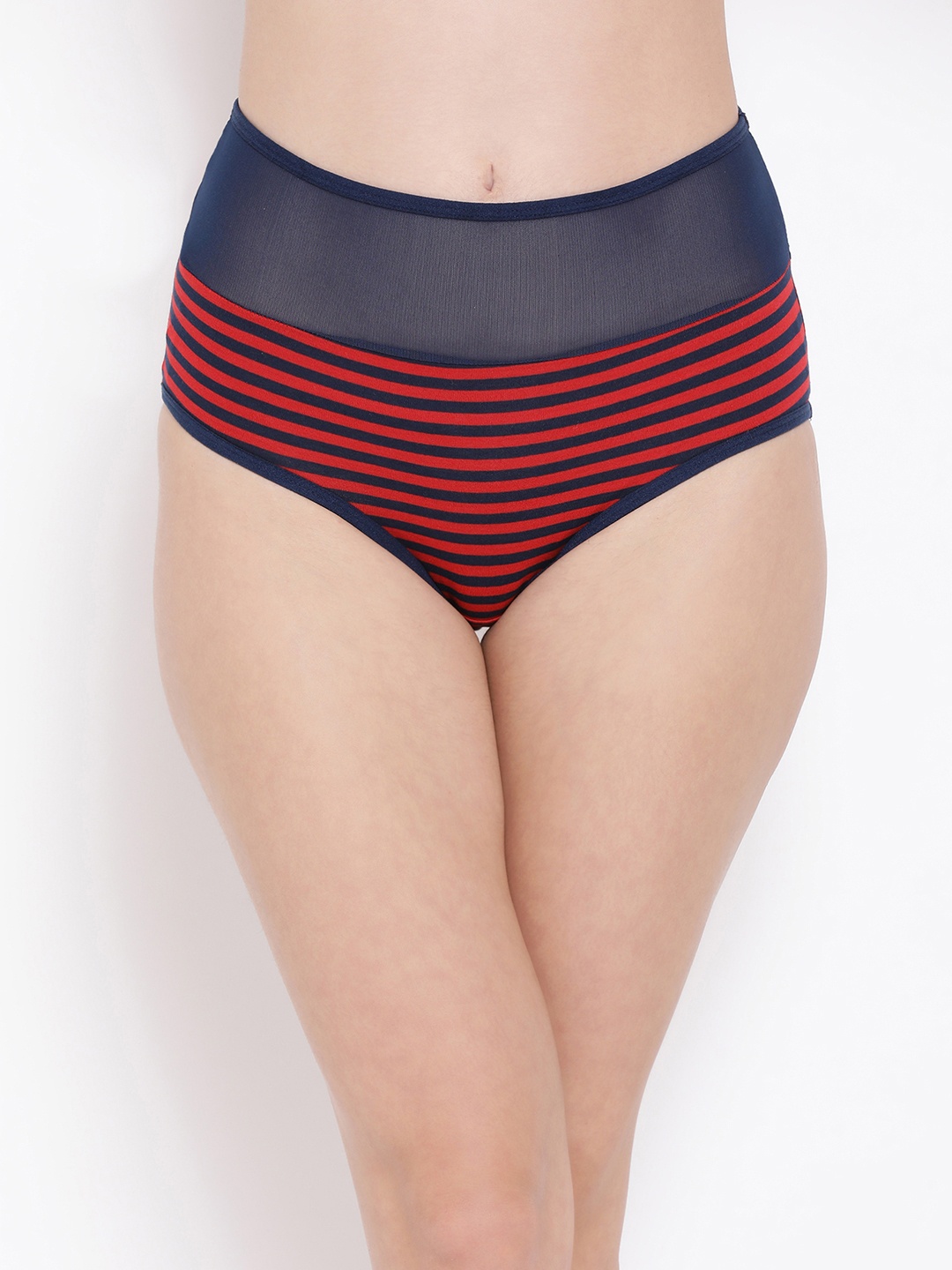 Clovia Women Red & Blue Striped Hipster Briefs With Sheer Waist PN3423P04S