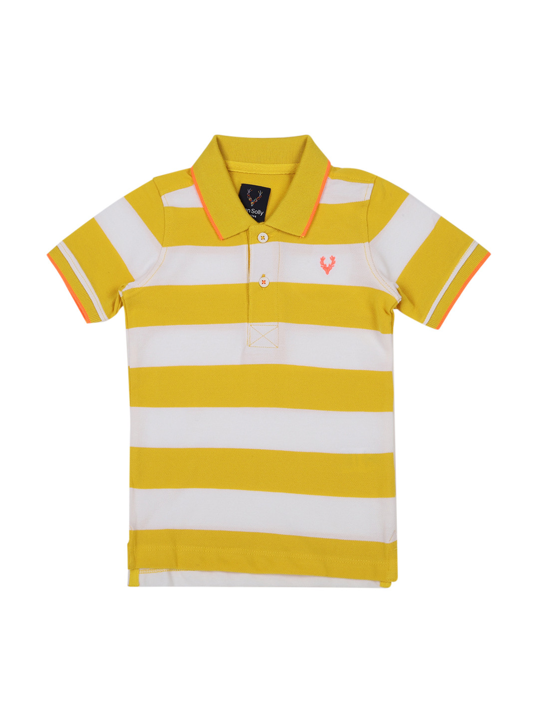 

Allen Solly Junior Boys Yellow White Striped Polo Collar Pure Cotton T-shirt