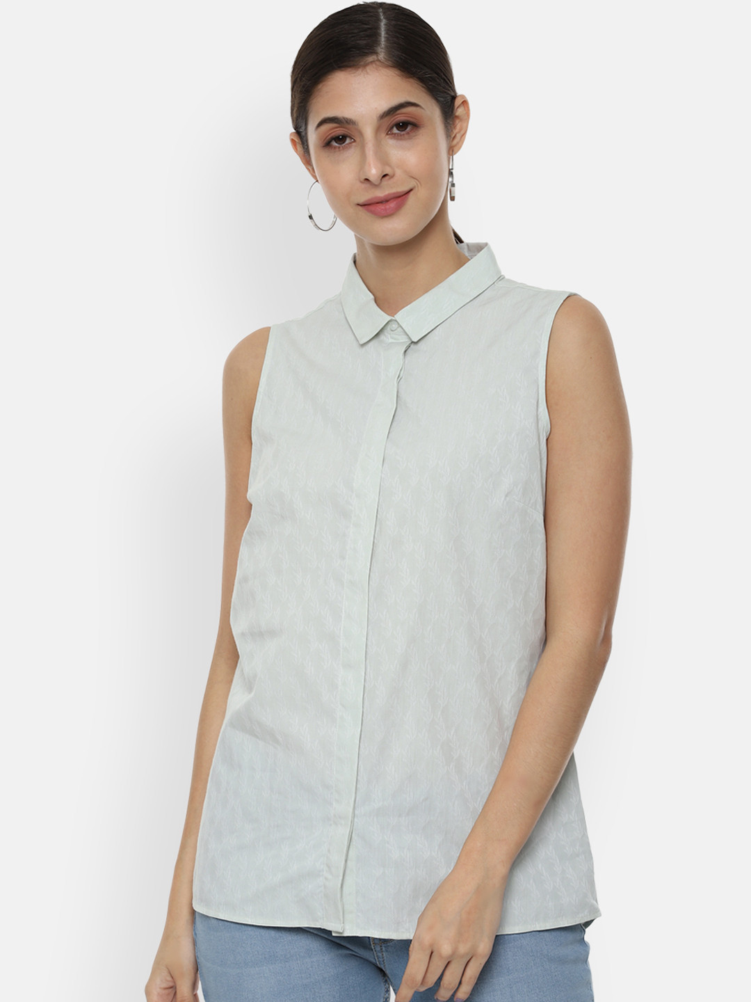 

Van Heusen Woman White & Green Regular Fit Printed Casual Shirt