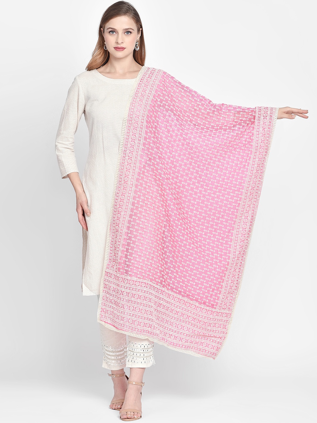 

Dupatta Bazaar Pink & Cream-Coloured Embroidered Dupatta