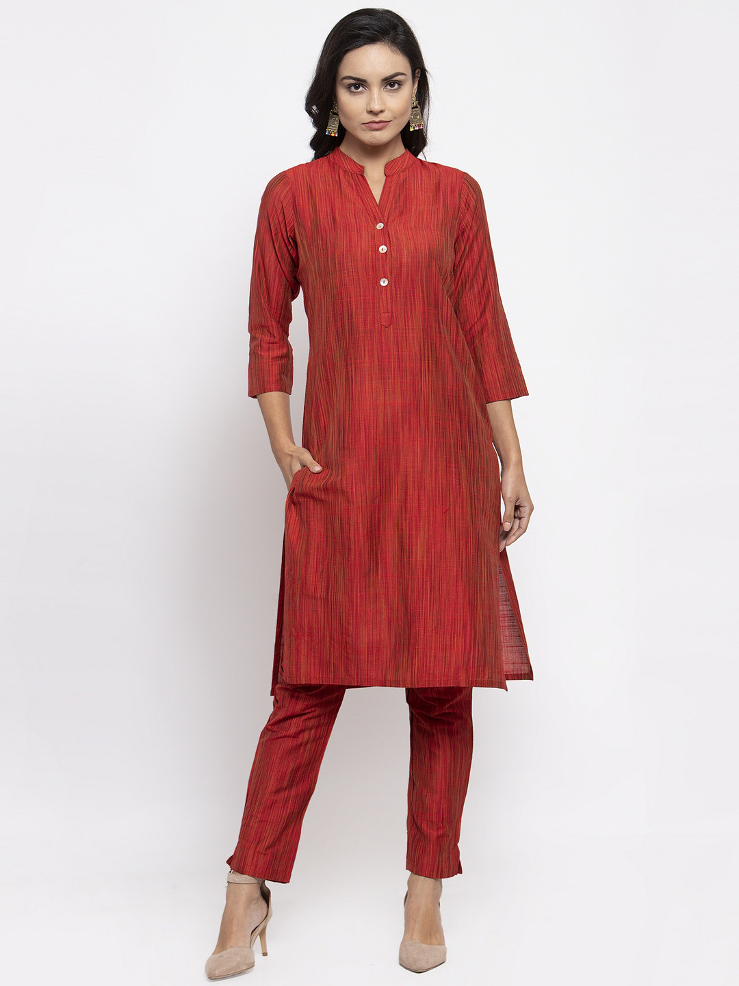 

Jompers Women Red Solid Kurta with Trousers