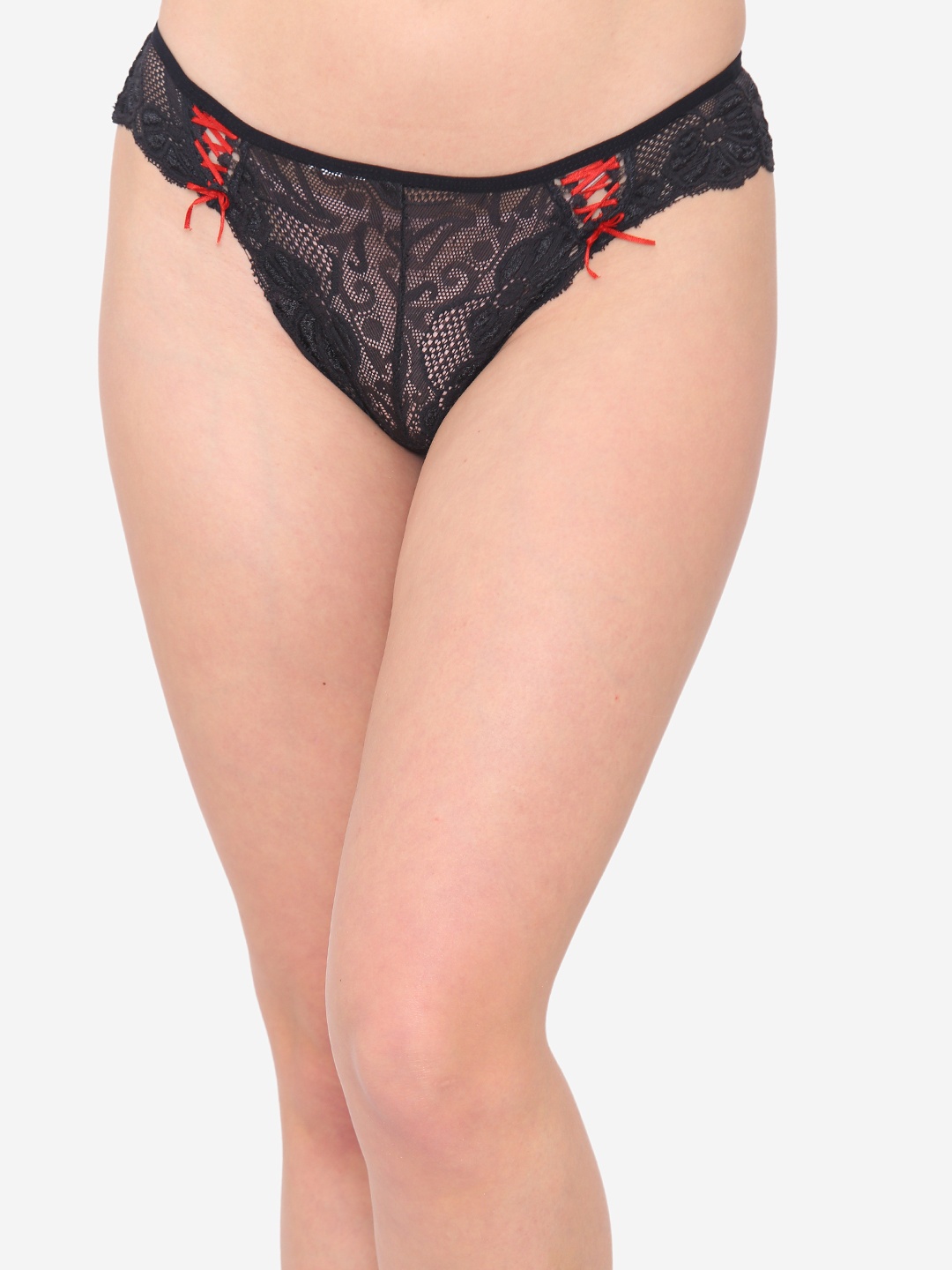 

N-Gal Women Black Solid Sheer Lace Adjustable Waist Seamless Thongs NTDT10