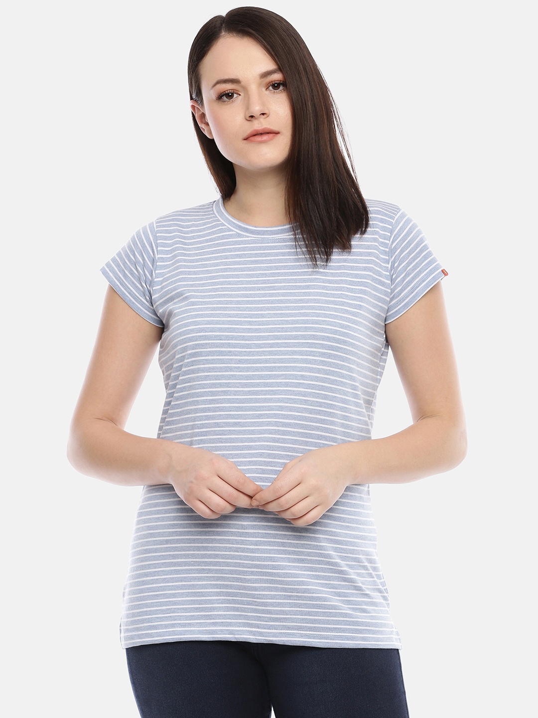 

GOLDSTROMS Women Blue & White Striped Round Neck T-shirt