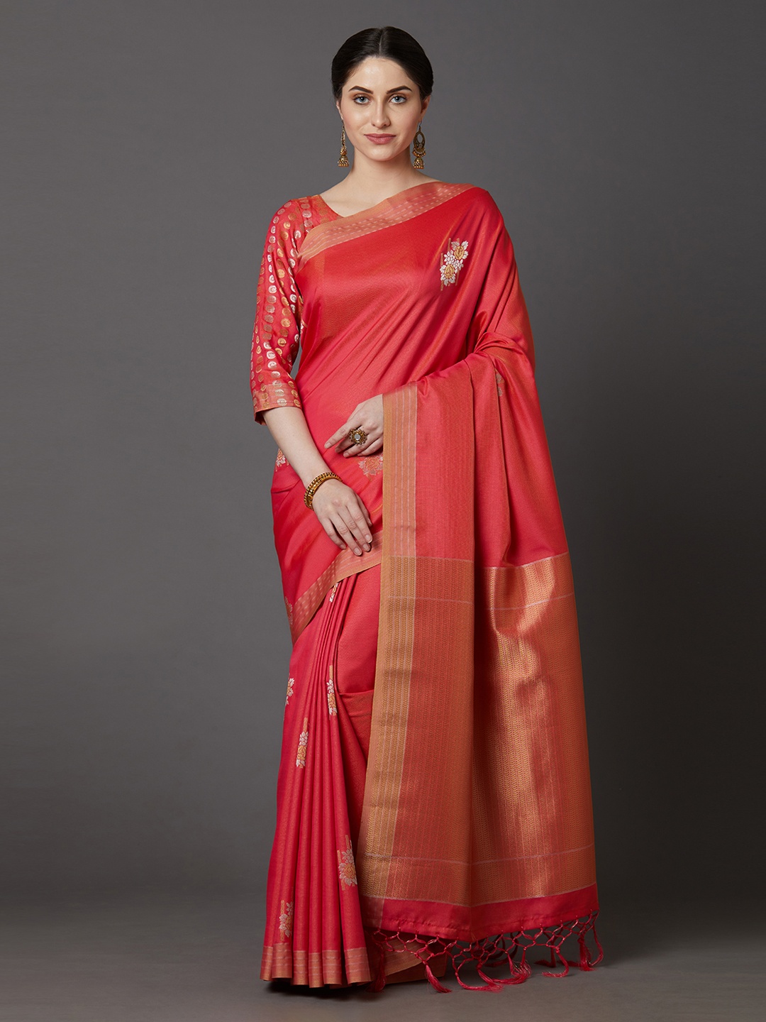 

Mitera Pink & Gold-Toned Silk Blend Woven Design Banarasi Saree