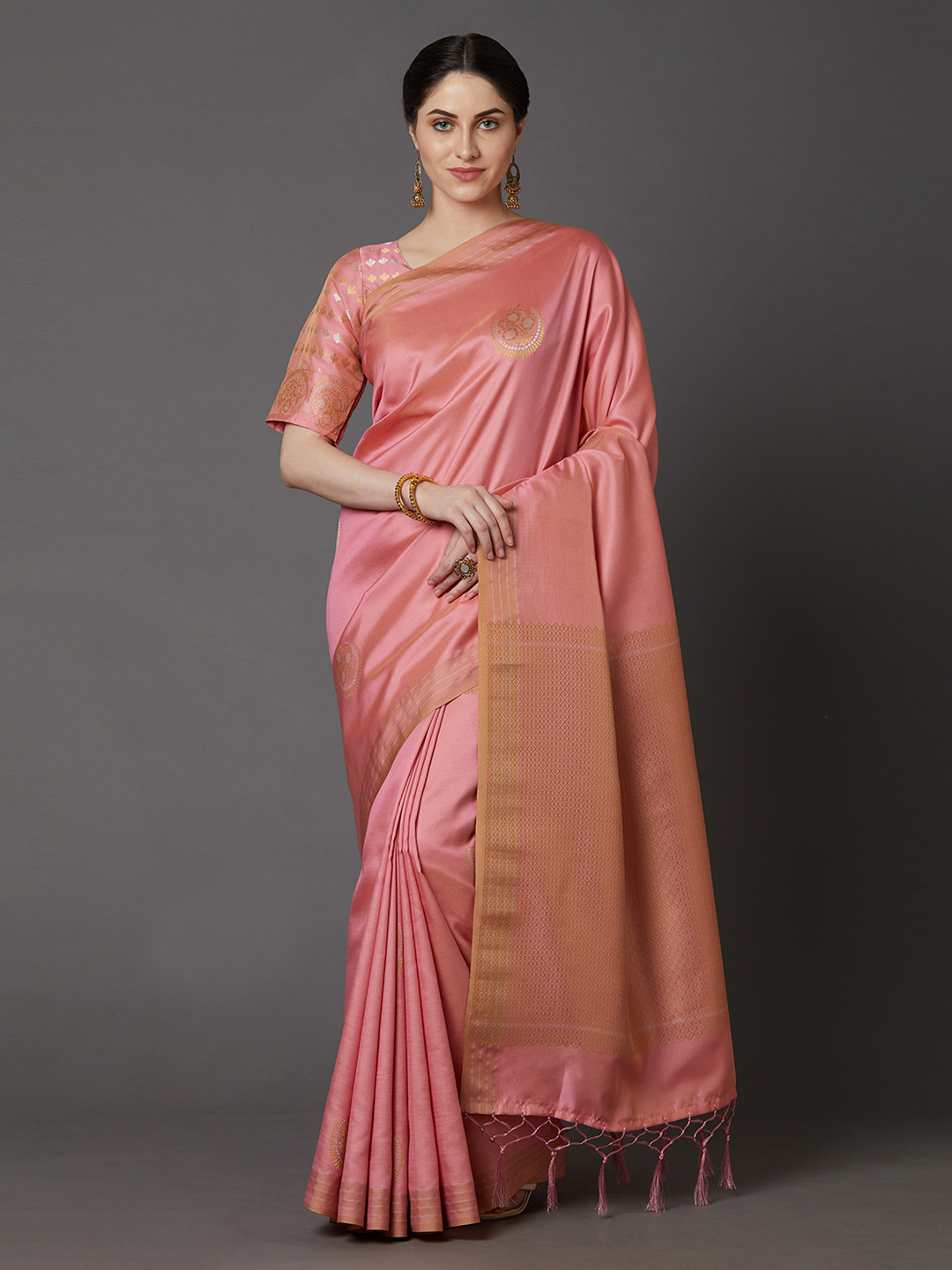 

Mitera Pink & Gold-Toned Silk Blend Woven Design Banarasi Saree