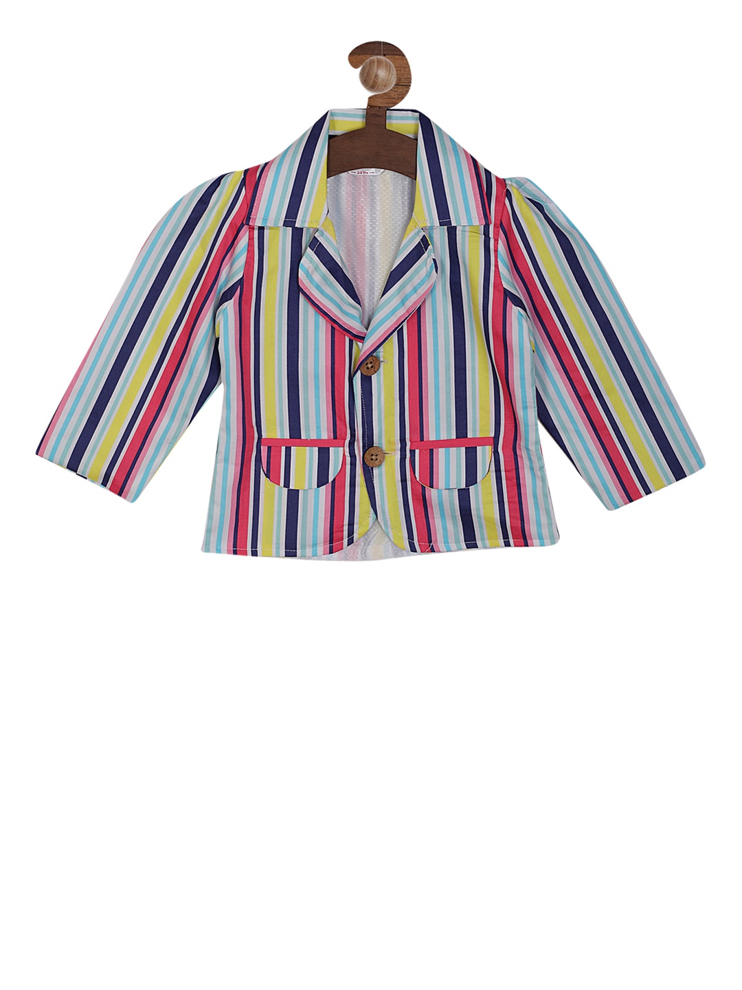 

RIKIDOOS Girls Blue & White Striped Single-Breasted Party Pure Cotton Blazer, Multi