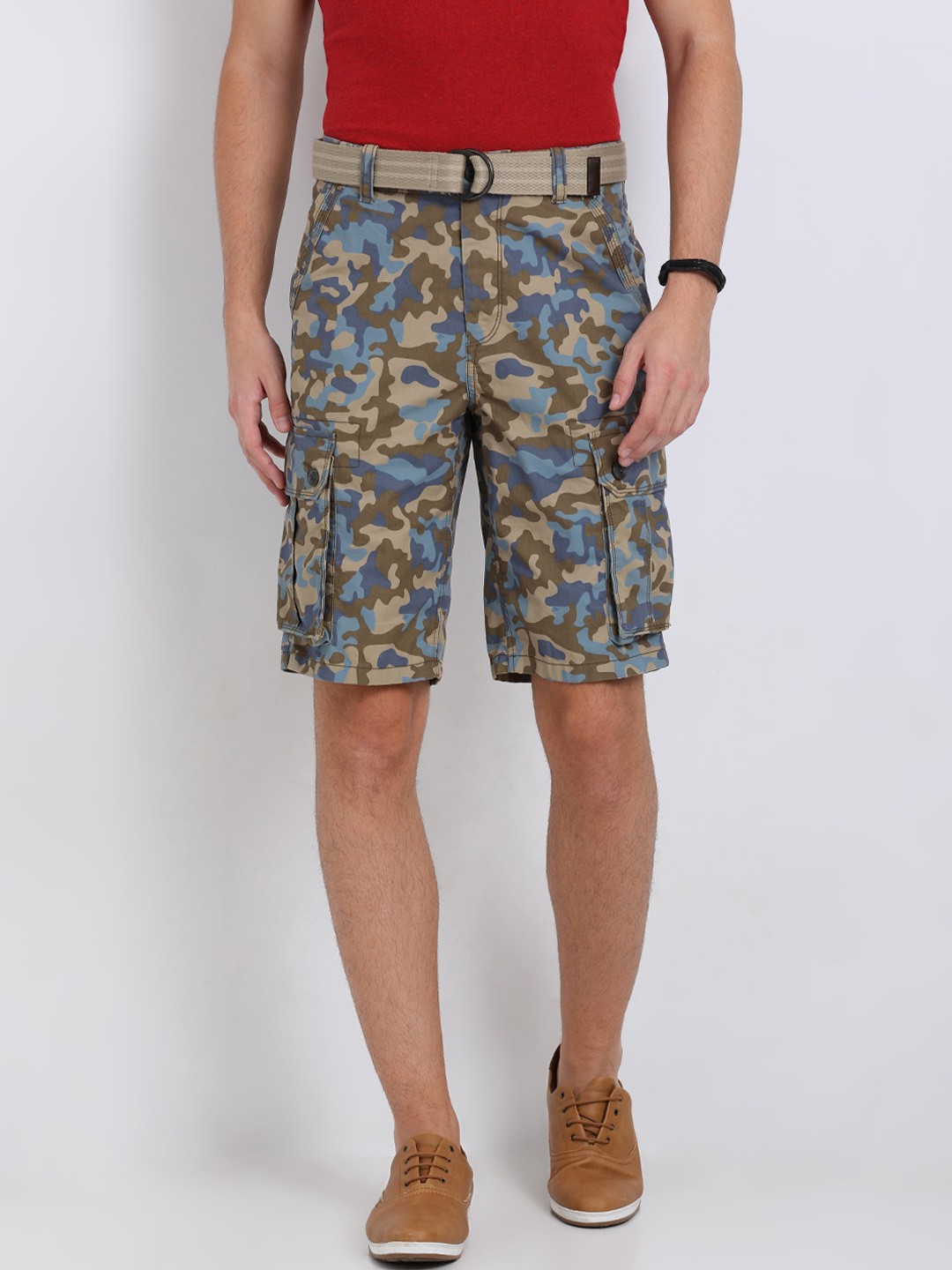 

t-base Men Olive Green Printed Regular Fit Cargo Shorts