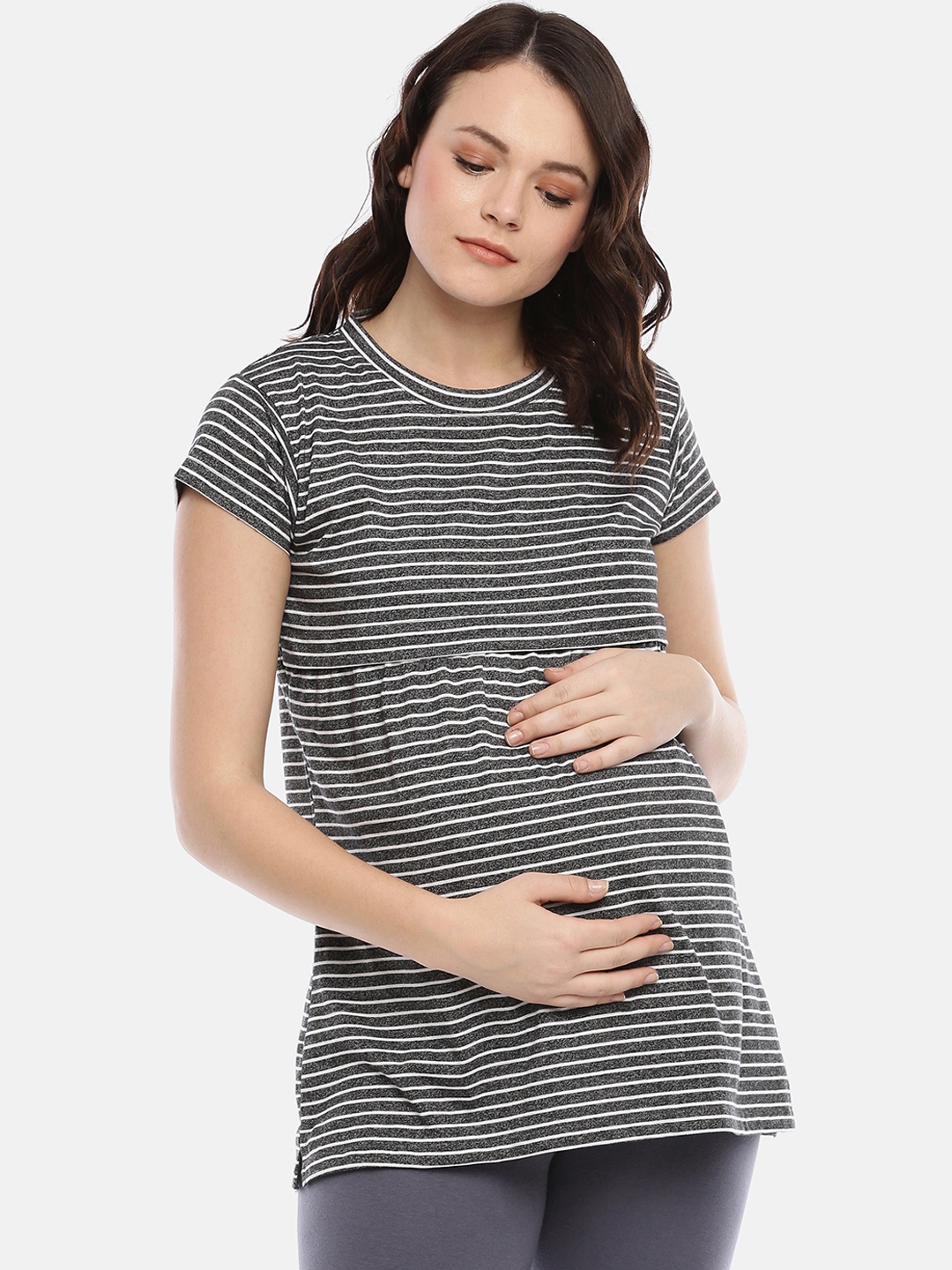 

GOLDSTROMS Women Maternity Charcoal Grey & White Striped A-Line Top
