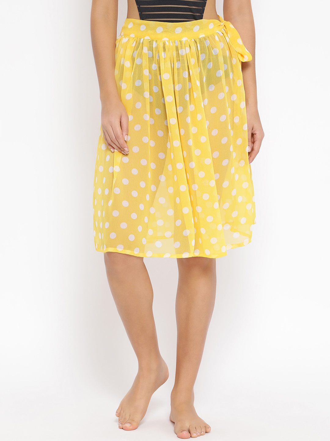 

Clovia Women Yellow & White Polka-Dot Printed Sheer Beachwear Cover-Up Skirt
