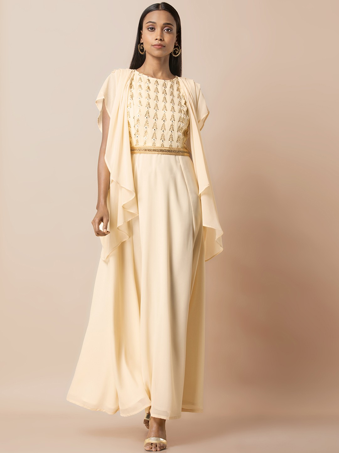 

INDYA Women Ivory Embroidered Maxi Dress with Attached Jacket & Belt, Cream