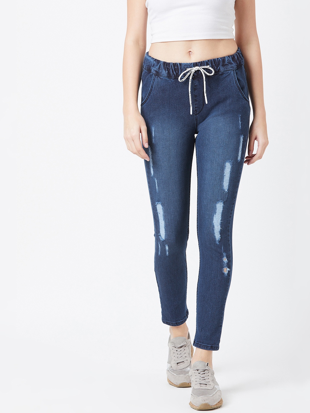 

The Dry State Women Navy Blue Jogger Mid-Rise Highly Distressed Jeans