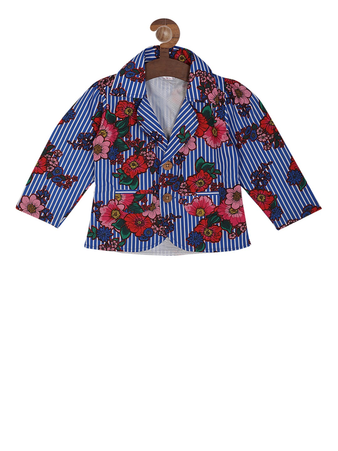 

RIKIDOOS Girls Blue & White Printed Single-Breasted Party Pure Cotton Blazer