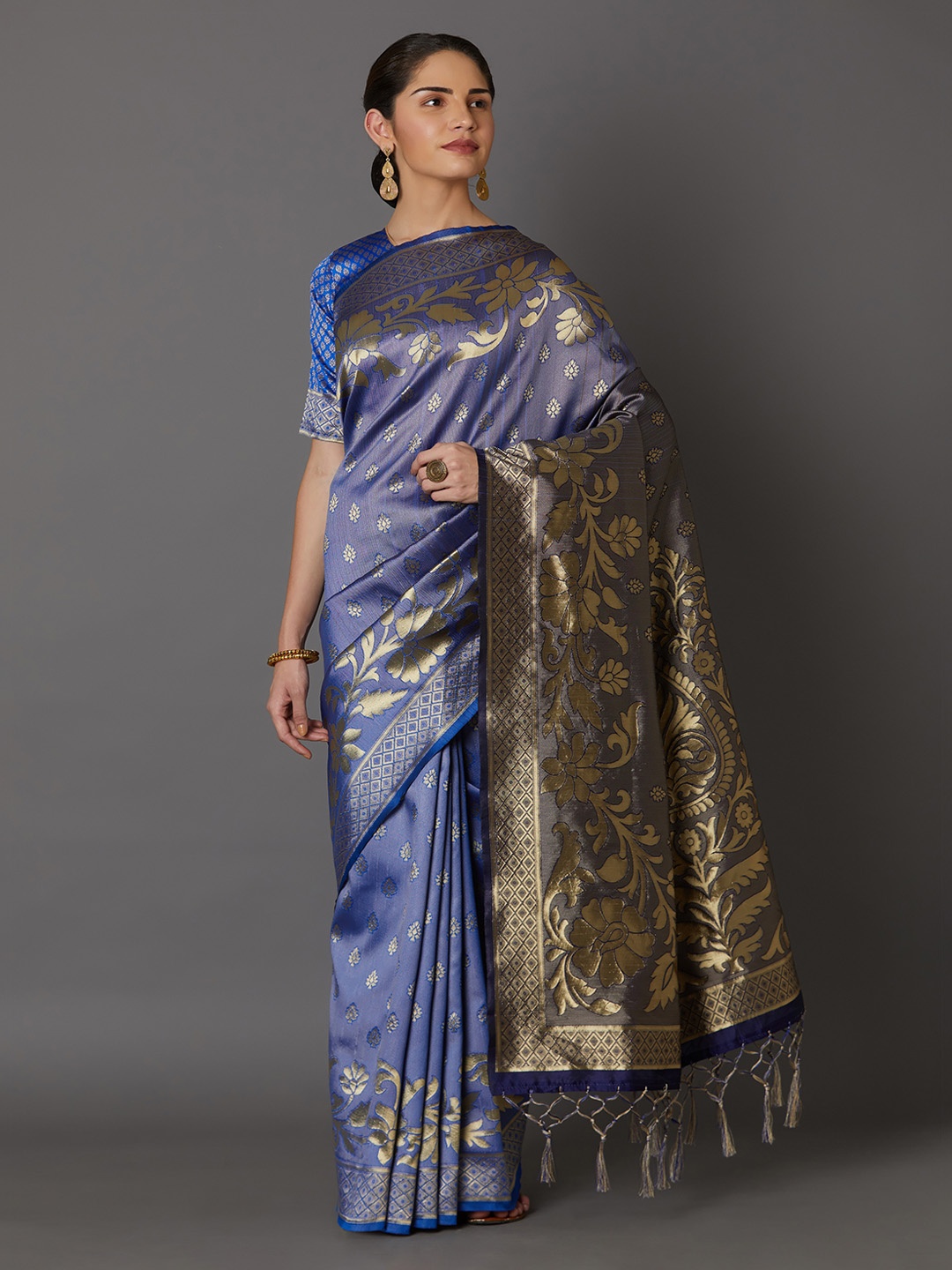 Mitera Blue & Gold-Toned Silk Blend Woven Design Kanjeevaram Saree