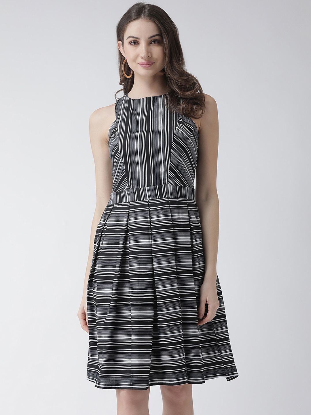 

KASSUALLY Women Black Varigated Striped Box Pleated Fit and Flare Dress