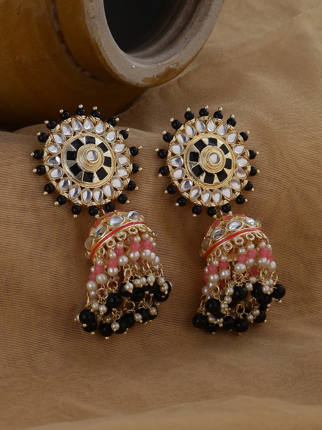 

Shoshaa Black & Gold-Plated Kundan Dome Shaped Jhumkas