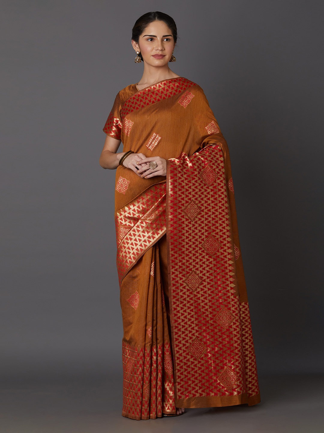 

Mitera Rust Brown & Gold-Coloured Silk Blend Woven Design Kanjeevaram Saree
