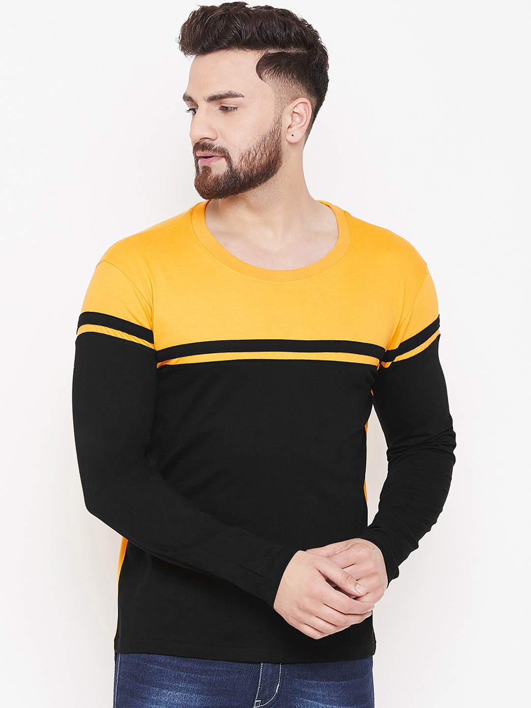 

The Dry State Men Black & Yellow Colourblocked Round Neck T-shirt