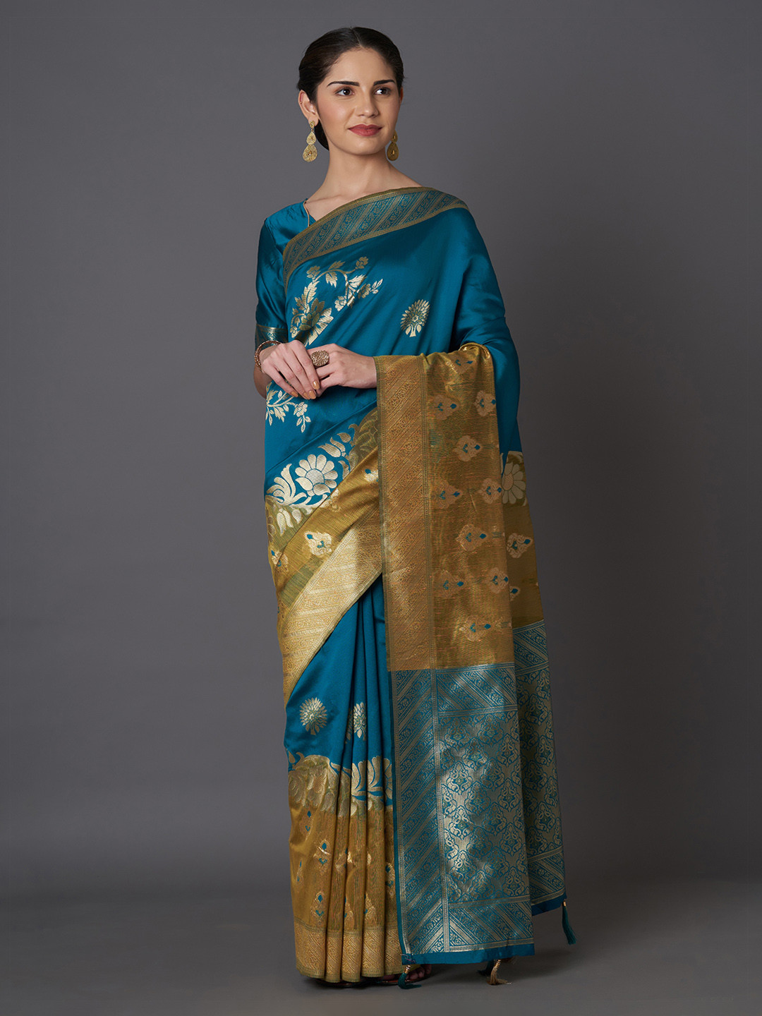 

Mitera Blue Silk Blend Woven Design Kanjeevaram Saree